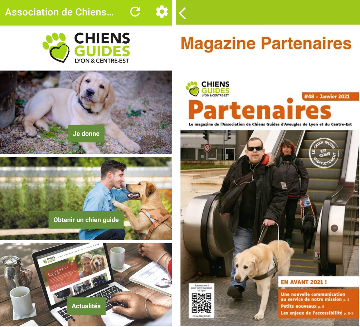 Capture d'écran application Chiens Guides Capture d'écran de l'application Chiens Guides avec différentes rubriques ainsi qu'une page de couverture du magazine Partenaires