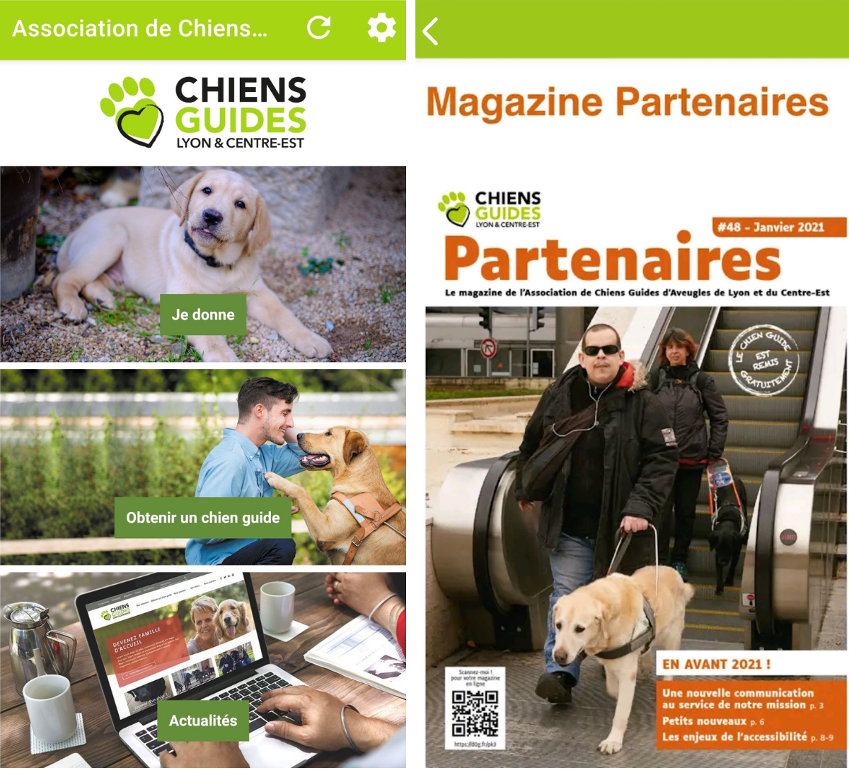 Capture d'écran de l'application Chiens Guides avec différentes rubriques ainsi qu'une page de couverture du magazine Partenaires