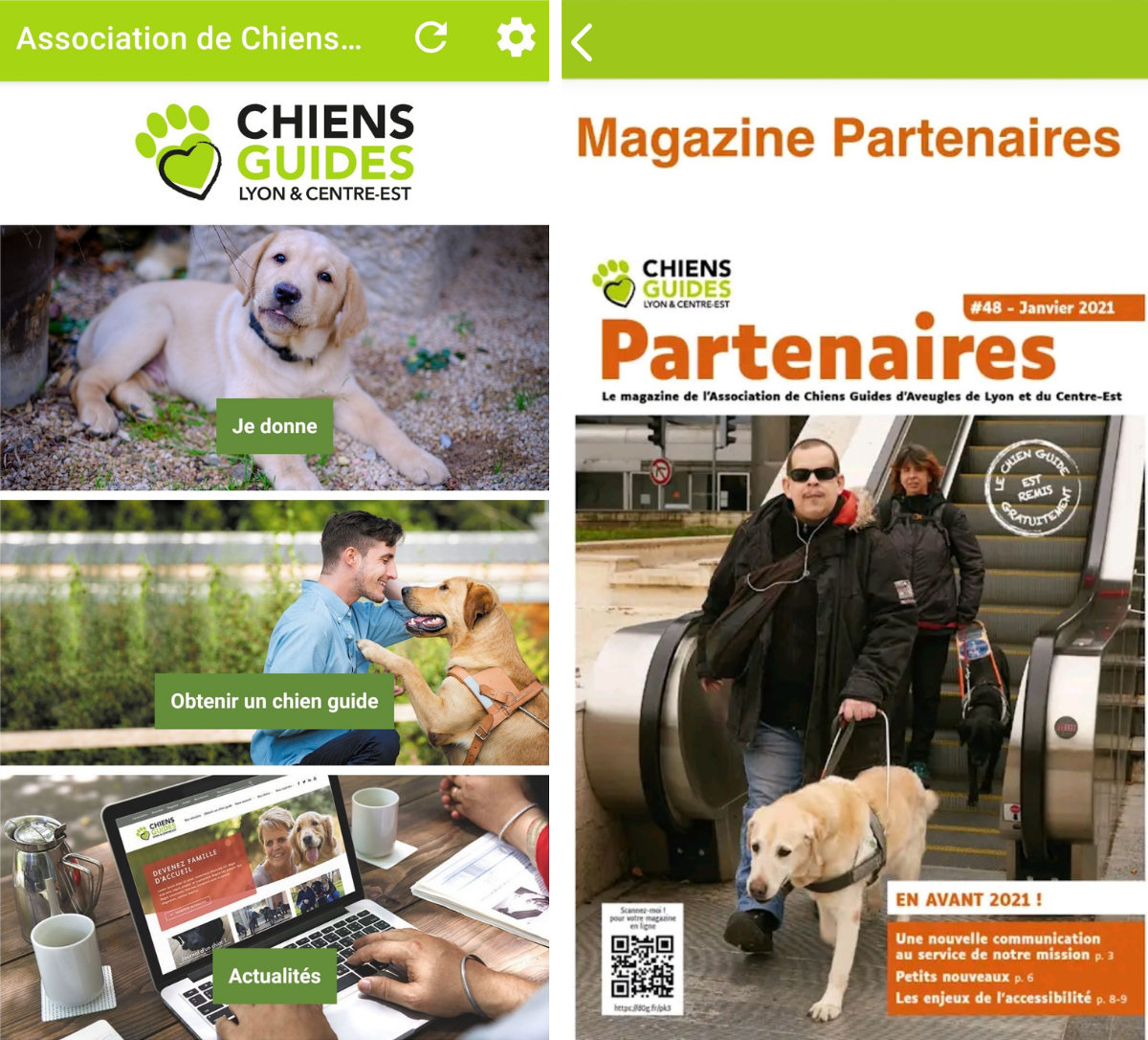 Capture d'écran de l'application Chiens Guides avec différentes rubriques ainsi qu'une page de couverture du magazine Partenaires
