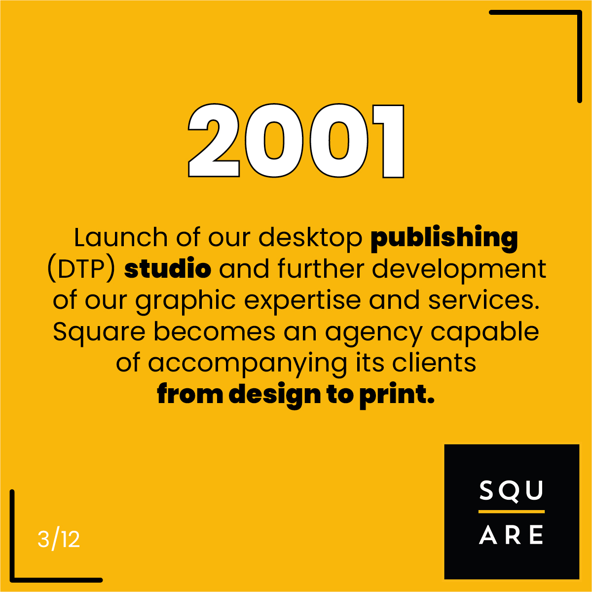2001, Launch of our desktop publishing (DTP) studio and further development of our graphic expertise and services. Square becomes an agency capable of accompanying its clients from design to print.