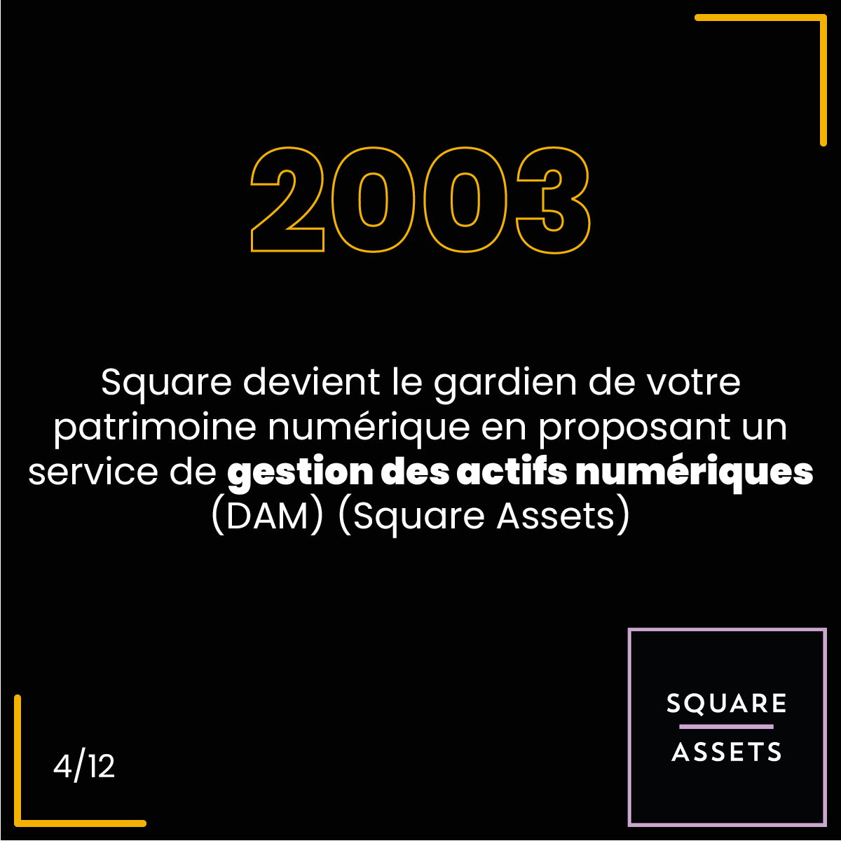 2003, Square devient le gardien de votre patrimoine numérique en proposant un service de gestion des actifs numériques (DAM) (Square Assets)