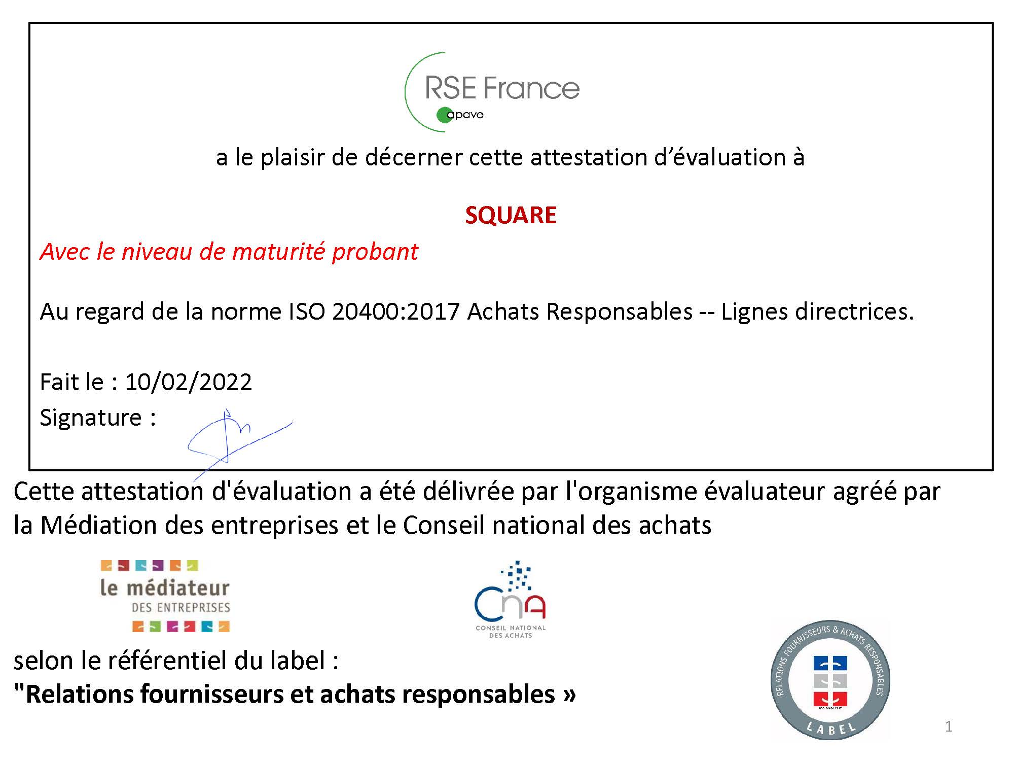 Attestation RSE France ISO 20400 signée