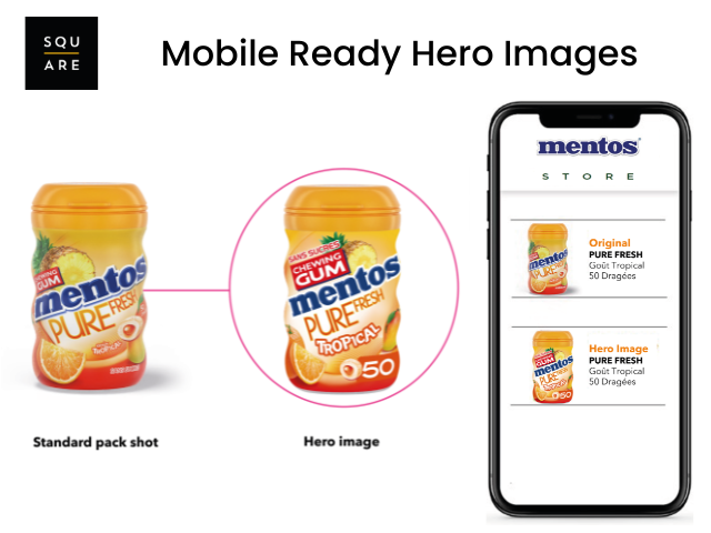 Image d'une MRHI de la marque Mentos avec à gauche le packaging original et à droite le packaging travaillé pour le e-commerce